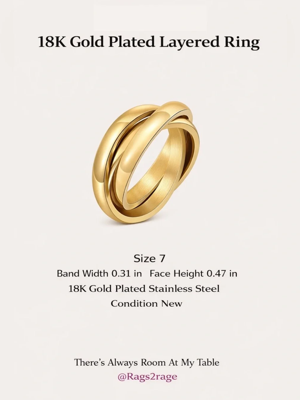 18K Gold Plated Stainless Steel Interlocking Crossover Ring Size 7